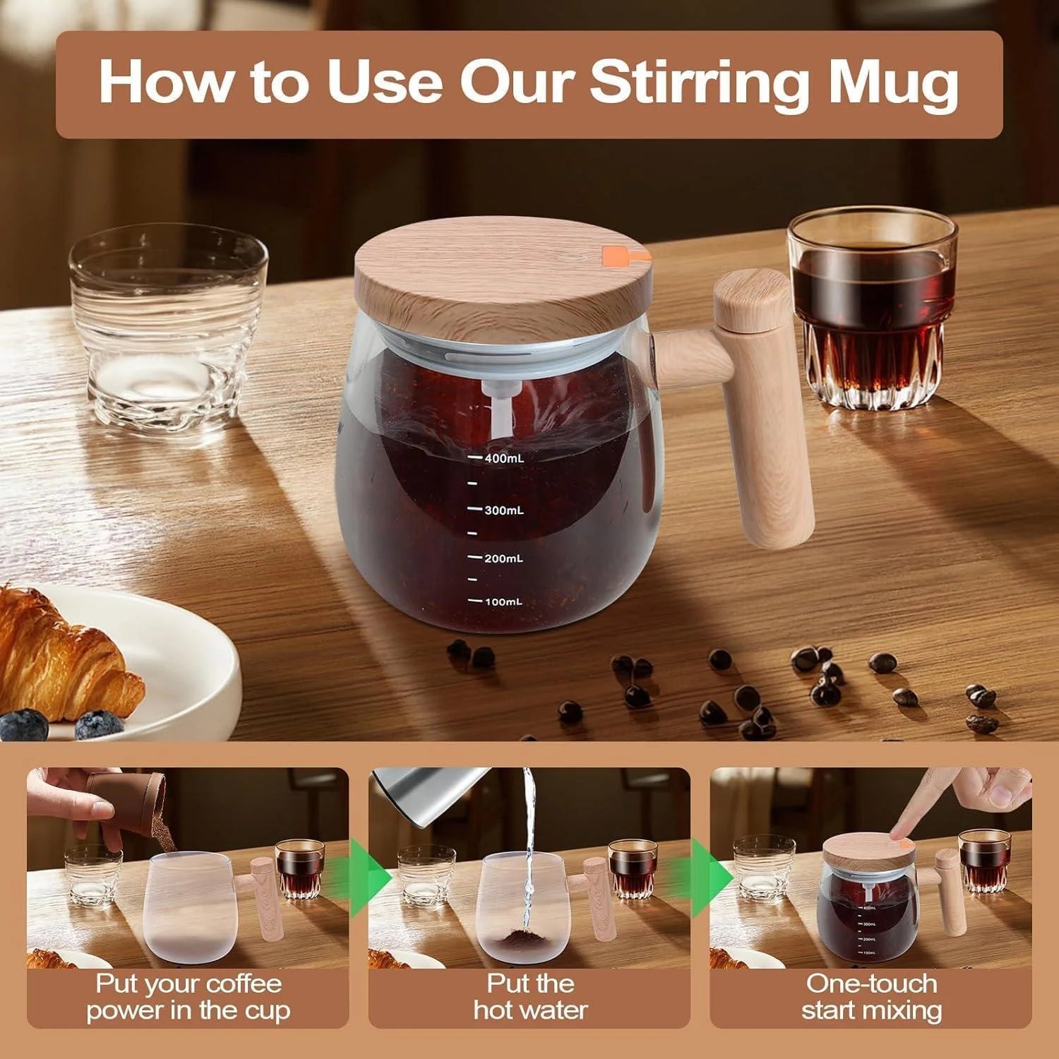 Wooden Design Automatic Self-Stirring Coffee Mug
