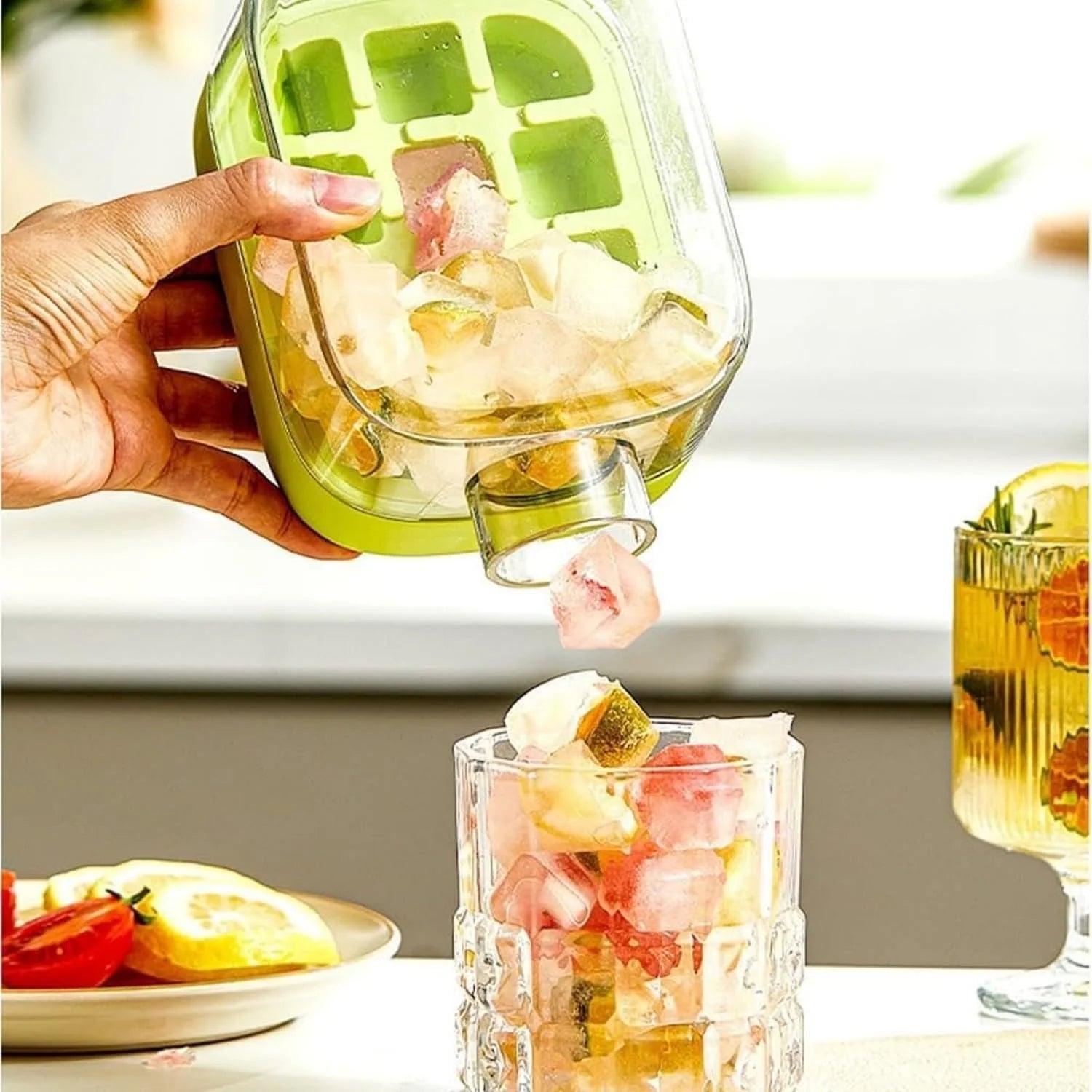 2-in-1 Zero Touch Ice Cube Bottle with Press Release Tray & Lid